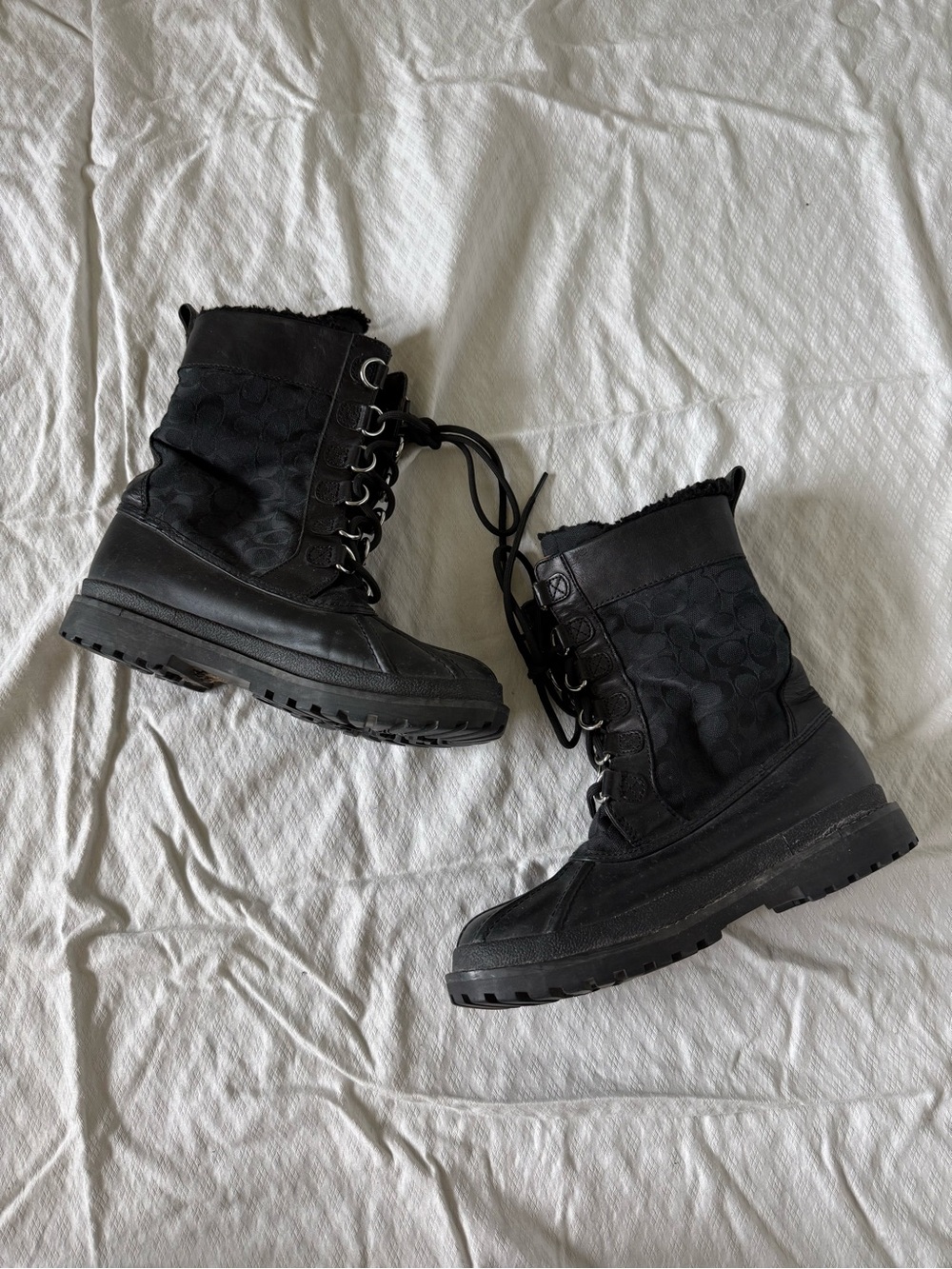 Black Fabric and Rubber Coach Ankle Boots